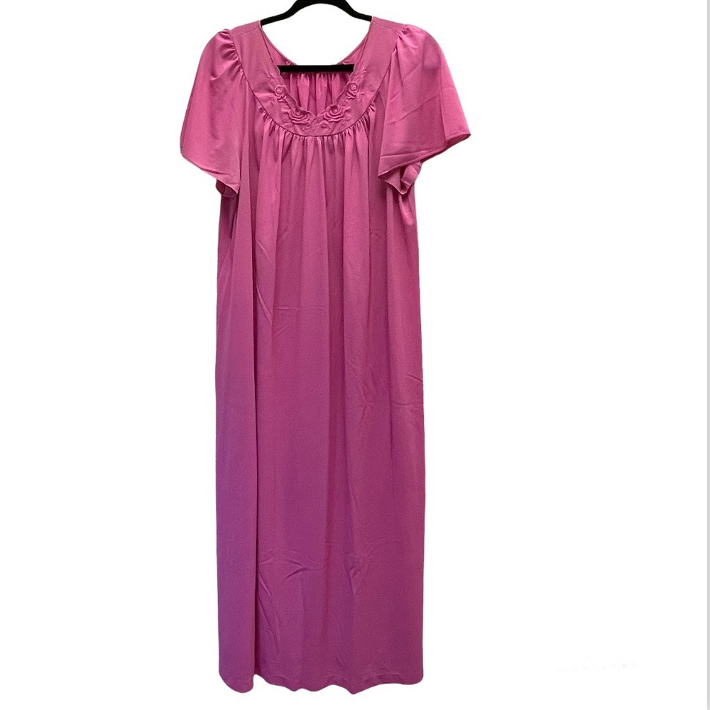 Vintage house dress scallop neck short sleeve floral embroidered night gown SzL
